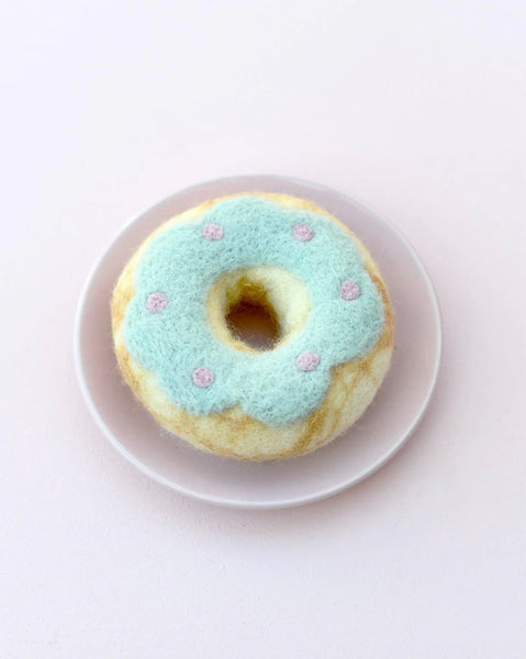 FELT DOUGHNUT (DONUT) WITH PASTEL BLUE FROSTING AND PINK DOTS