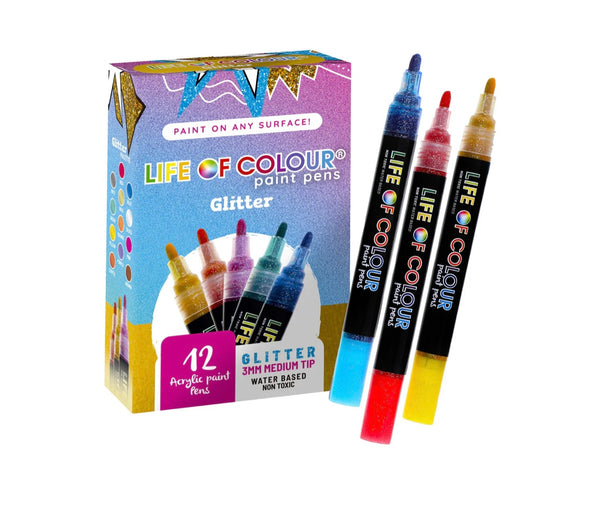 Glitter 3mm Medium Tip Acrylic Paint Pens - Set of 12