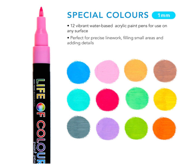 Special Colours 1mm Fine Tip Acrylic Paint Pens - Set of 12