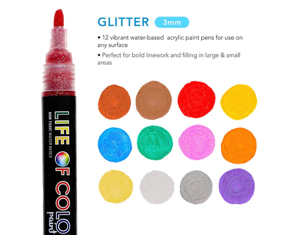 Glitter 3mm Medium Tip Acrylic Paint Pens - Set of 12