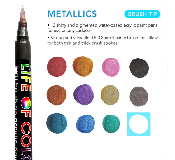 Metallic Brush Tip Acrylic Paint Pens - Set of 12