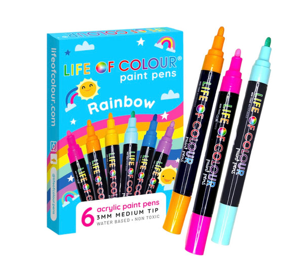 Rainbow Colours 3mm Medium Tip Acrylic Paint Pens – Set of 6