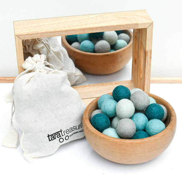 Wool Felt Balls in a Pouch - Blue Tones 3cm 30 balls