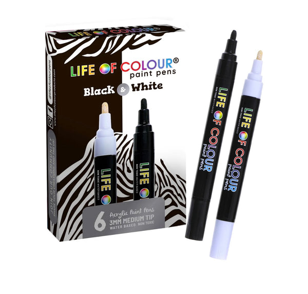 Black and White 3mm Medium Tip Acrylic Paint Pens - Set of 6