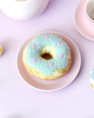 FELT DOUGHNUT (DONUT) WITH PASTEL BLUE FROSTING AND PINK DOTS