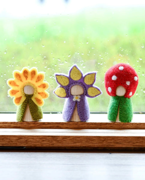 FLORAL PEG DOLLS SET - SUNFLOWER, IRIS AND TOADSTOOL