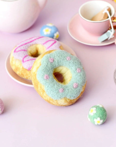 FELT DOUGHNUT (DONUT) WITH PASTEL BLUE FROSTING AND PINK DOTS
