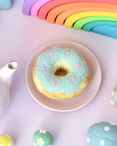 FELT DOUGHNUT (DONUT) WITH PASTEL BLUE FROSTING AND PINK DOTS