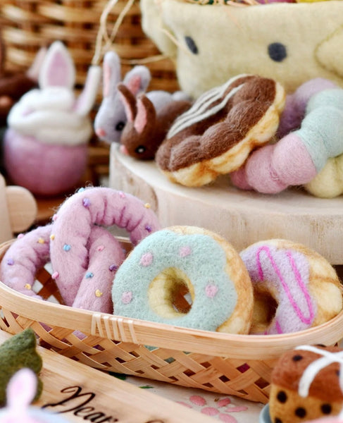 FELT DOUGHNUT (DONUT) WITH PASTEL BLUE FROSTING AND PINK DOTS