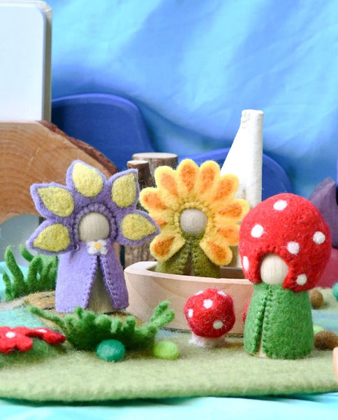 FLORAL PEG DOLLS SET - SUNFLOWER, IRIS AND TOADSTOOL