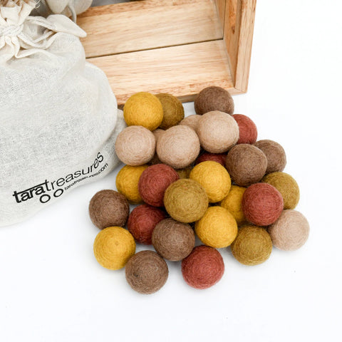 Wool Felt Balls in a Pouch - Earthy Colours 3cm 30 balls
