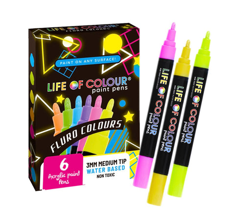 Fluro Colours 3mm Medium Tip Acrylic Paint Pens – Set of 6