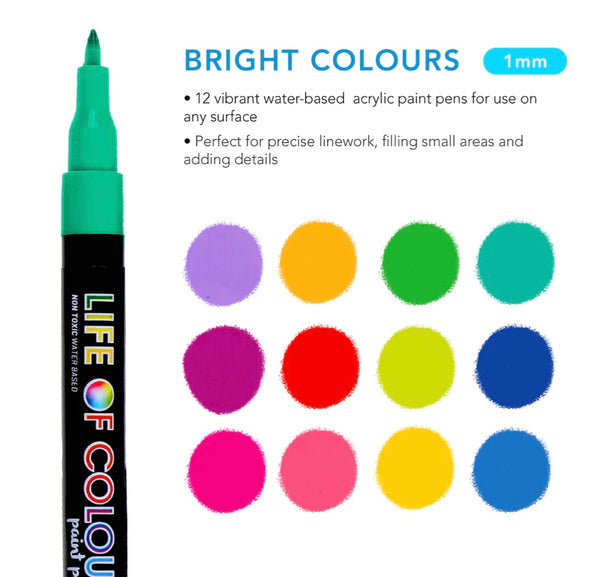 Bright Colours 1mm Fine Tip Acrylic Paint Pens - Set of 12