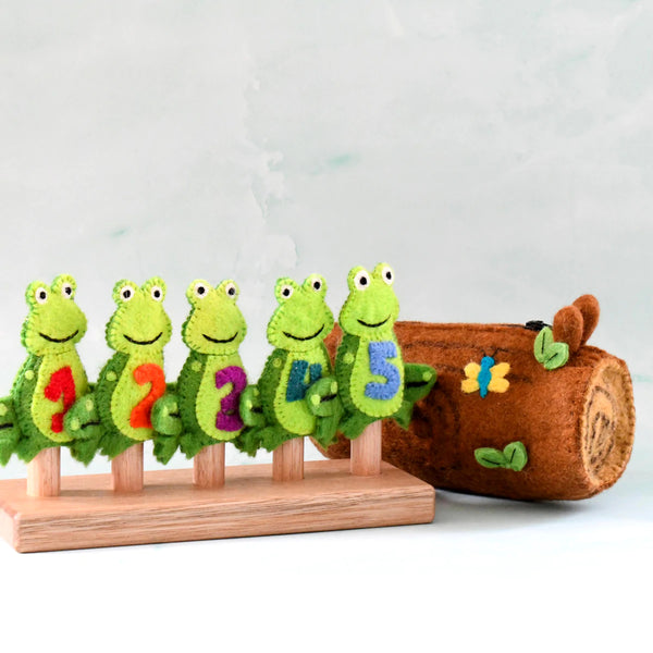 5 Little Speckled Frogs with Log Bag - Finger Puppet Set