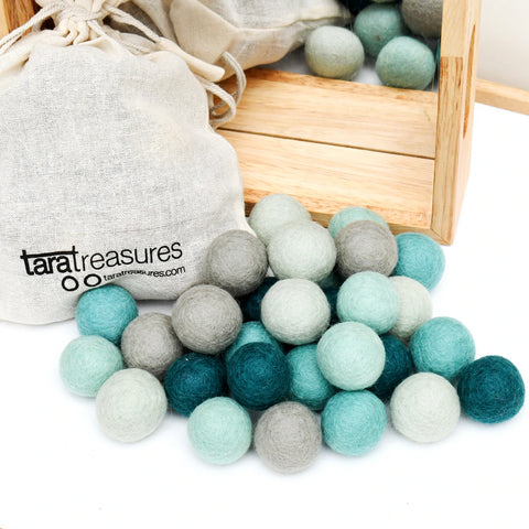 Wool Felt Balls in a Pouch - Blue Tones 3cm 30 balls