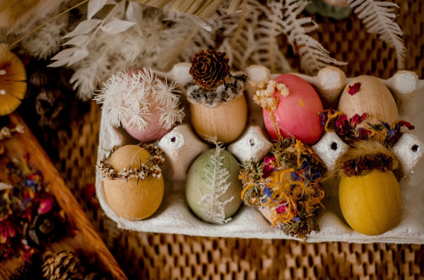 Wooden eggs in basket